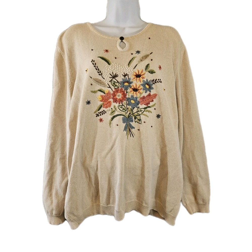 Alfred Dunner Sweater Womens 2X Ecru Embroidered Floral Granny Chic Cottagecore